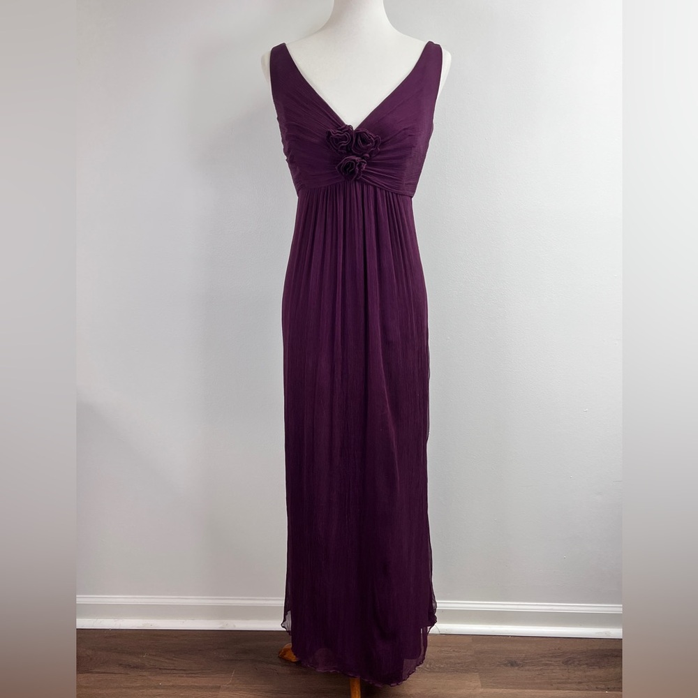 Amsale Crinkle Silk Chiffon V-Neck Long Dress, size 14. Purple eggplant gown